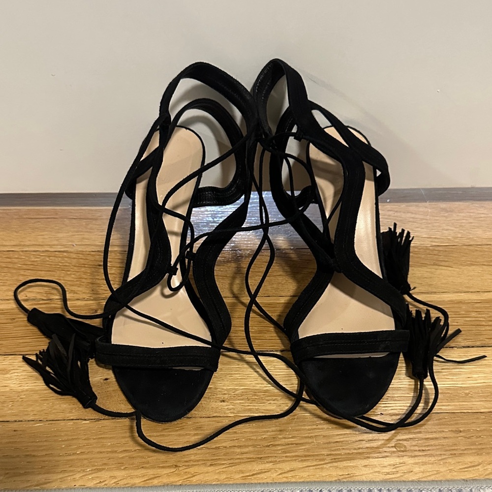 Club Monaco Suede Black Strappy Heels with Tassels